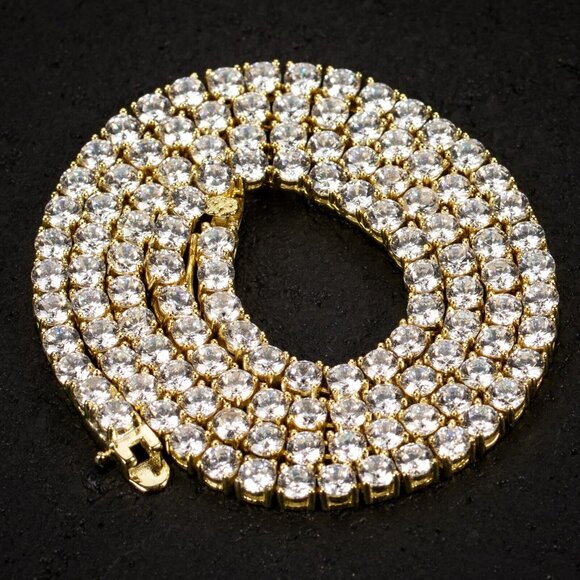 Unbranded Other - Round Solitaire14K Gold Plated Iced 5A Cz 4mm Classic Tennis Chain Necklace